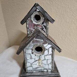 Decorative Bird House With Mirrors And Gemlike Stoop